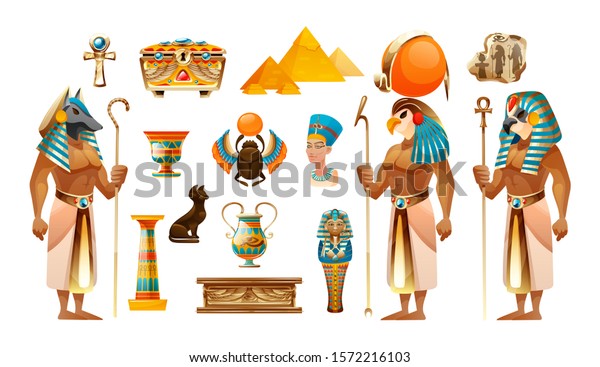 古代エジプトセット エジプトの古いシンボル 神聖な動物の猫とスカラブ ピラミッド 墓 サルコファーガス 聖なる十字架 建築 彫刻の漫画のベクターイラスト のベクター画像素材 ロイヤリティフリー