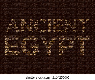 Ancient Egypt sign formed with golden and brown hieroglyphs alphabet over dark brown background