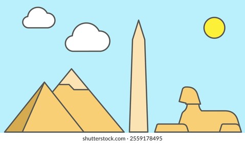 Ancient Egypt, simple illustration. Pyramids, Sphinx and Obelisk. Flat vector illustration isolated on the blue sky.