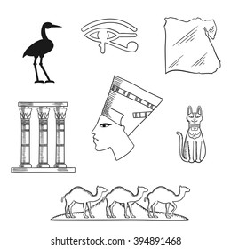 Ancient Egypt sketch icons with queen Nefertiti, cat goddess and sacred heron Bennu, eye of horus symbol and temple columns, map, caravan of camels and Giza pyramids. Travel and culture theme design