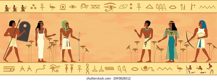 Ancient egypt society composition with horizontal view of flat human characters with frame and written hieroglyphs vector illustration