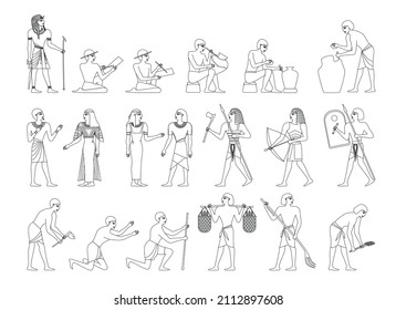 Ancient egypt society monochrome set with isolated icons wireframe human characters of egyptians on blank background vector illustration