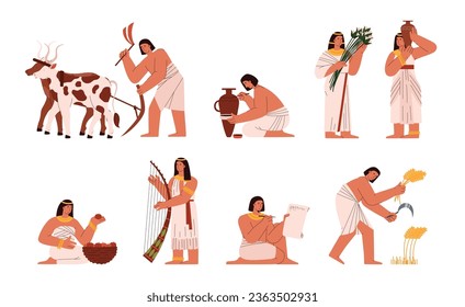 Ancient egypt society set with isolated characters illustration. Egyptian culture, tradition, farming, agriculture and education. Egyptians ethnic people wearing authentic garment on white background