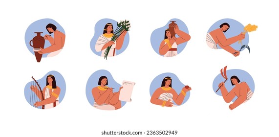 Ancient egypt society set with isolated characters illustration. Egyptian culture, tradition, farming, agriculture, education and art. Egyptians as ethnic people wearing authentic garment on white