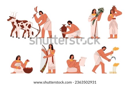 Ancient egypt society set with isolated characters illustration. Egyptian culture, tradition, farming, agriculture and education. Egyptians ethnic people wearing authentic garment on white background