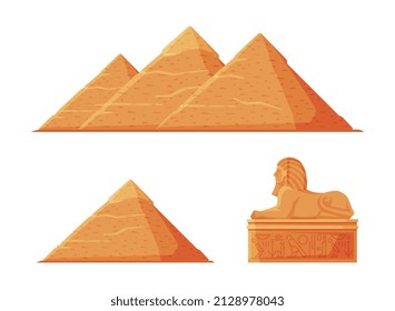 Ancient Egypt Sphinx Sand Statue and Pyramid Side View Vector Set