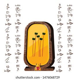 Ancient Egypt stone board or clay plate cartoon vector with hieroglyphs and Egyptian symbol, tall green trees, date palms grove isolated on white background