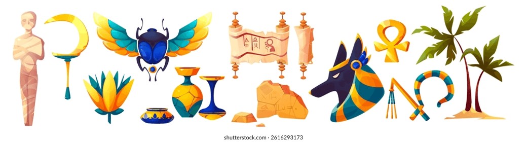 Ancient Egypt stone symbols set - winged scarab beetle, lotus flower, ankh cross, Anubis head. Hieroglyphic scroll and rocks, vase and mummy. Decorative colorful icon for historical museum design.
