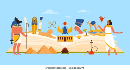 Ancient Egypt study, culture elements and famous landmarks in infographic collage. Big open book with Egyptian pyramids and sand desert landscape, god Anubis and mummy cartoon vector illustration