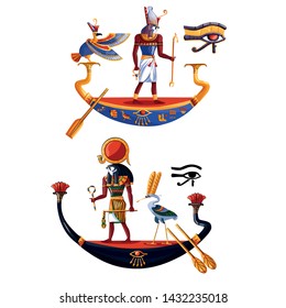 Ancient Egypt sun god Ra or Horus cartoon vector illustration. Egyptian culture religious symbols, ancient god-falcon in night and day boats, sacred birds, isolated on white background