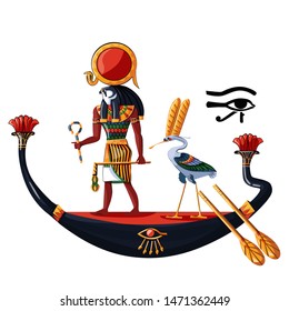 Ancient Egypt sun god Ra or Horus in wooden boat cartoon vector illustration. Egyptian culture religious symbol, ancient god-falcon in night or day boat, sacred ibis bird, isolated on white background