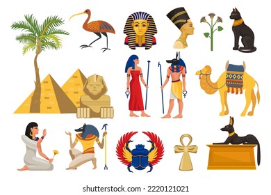 Ancient Egypt Symbols with Deity, Pyramid, Camel, Ankh and Scarab Beetle Big Vector Set