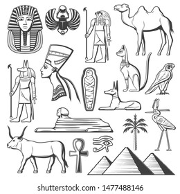 Ancient Egypt symbols of Egyptian religion and culture vector design. Pharaoh pyramid, mummy and Sphinx, Anubis god, Horus eye and Ankh sign, Tutankhamun, Nefertiti, dog and cat sculpture, palm, camel