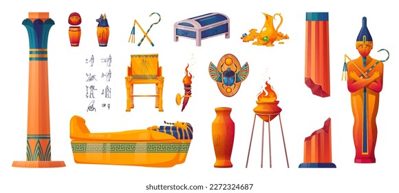 Ancient Egypt symbols, god and pharaoh statues, pyramid treasures, scarab, hieroglyphs and sarcophagus. Signs of Egyptian civilization, ankh, gold throne, vase and pillars, vector cartoon set