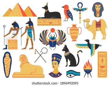 Símbolos antiguos de egipto. Criaturas mitológicas, dioses egipto, pirámide y animales sagrados. Símbolos religiosos y mitológicos de Egipto ilustración vectorial ambientada como escarabajo escarabajo, monumento Esfinge