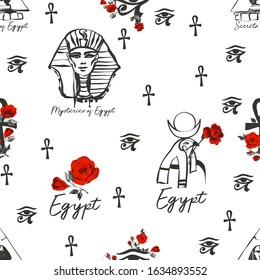 Ancient Egypt symbols seamless pattern background. Sphinx monument, pyramid, falcon Ra, pharaoh head, horus eye, ankh elements decorated by red roses flowers. Hand drawn tracery on white background.