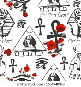 Ancient Egypt symbols seamless pattern background. Sphinx monument, pyramid, falcon Ra, pharaoh head, horus eye, ankh elements decorated by red roses flowers. Hand drawn tracery on white background.