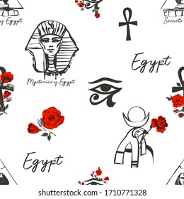 Ancient Egypt symbols seamless pattern background. Sphinx monument, pyramid, falcon Ra, pharaoh head, horus eye, ankh elements decorated by red roses flowers. Hand drawn tracery on white background.