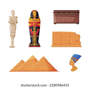 Símbolos de la Antigua Egipto. Dibujo vectorial de objetos culturales e históricos tradicionales de Egipto