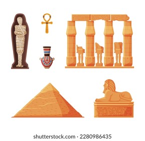 Ancient Egypt symbols set. Egyptian traditional cultural and historical objects. Pyramid of Cheops, Great Sphinx monument cartoon vector illustration