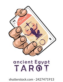 Ancient egypt tarot. T-shirt design of a hand holding an Egyptian tarot card number eight on a white background.