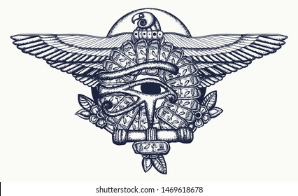 Ancient Egypt tattoo. Horus eye and egyptian falcon.  Sacred eagle and sun. History art, t-shirt design  