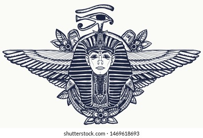 Ancient Egypt tattoo. Pharaoh, Sun eye and wings Horus god. Egyptian great king. Tutankhamen. T-shirt design 