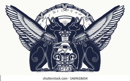 Ancient Egypt tattoo. Two winged black cats, sacred eye of god Horus and star gate. Egyptian art, occult t-shirt design 