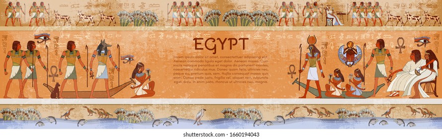 Ancient egypt. Template for design. Hieroglyphic carvings on the exterior walls temple. Gods and people. Old history and culture. Hand drawn vector. Grunge background 