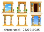 Ancient Egypt temple arches, game assets with cartoon stone columns and Egypt pharaoh pyramids. Game UI vector elements of ancient temple arch or gate pillars with color patterns and hieroglyphs