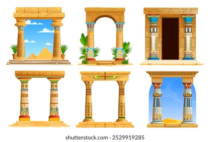 Arcos do templo do Egito Antigo, ativos do jogo com colunas de pedra cartoon e pirâmides do faraó do Egito. Elementos vetoriais de IU de jogo de antigos pilares de arco de templo ou portão com padrões de cores e hieróglifos