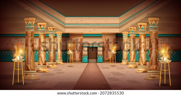 Ancient Egypt temple interior background, vector pharaoh\
pyramid tomb interior, old stone column. History civilization\
palace room, god silhouette, fire plate, wall painting. Egypt\
temple monument 