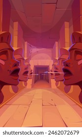 Ancient Egypt temple or palace corridor cartoon. Secret dungeon or cave interior and wall with danger statue for game quest. Fantasy archeology basement with magic shooting bullet tomb vertical design