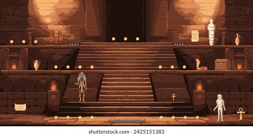 Ancient Egypt temple or pyramid 8bit pixel art arcade game level map, vector background. Scarab, mummy and cobra snake, golden coins and manuscripts with pharaoh treasure for 8 bit arcade video game