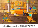 Ancient Egypt tomb of pharaoh cartoons vector illustration. Egyptian pyramid interior with golden sarcophagus, hieroglyphs and mural, scarab beetles, ritual vases and other religious symbols, treasure