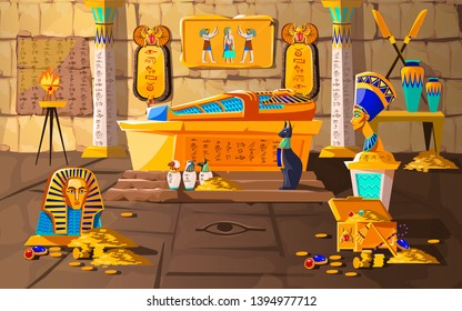 Ancient Egypt tomb of pharaoh cartoons vector illustration. Egyptian pyramid interior with golden sarcophagus, hieroglyphs and mural, scarab beetles, ritual vases and other religious symbols, treasure