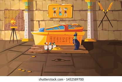 Ancient Egypt tomb of pharaoh cartoons vector illustration. Egyptian pyramid interior with golden sarcophagus, hieroglyphs and mural, ritual vases and other religious symbols, treasure