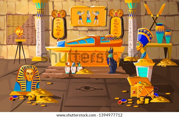 Ancient Egypt tomb of pharaoh cartoons vector\
illustration. Egyptian pyramid interior with golden sarcophagus,\
hieroglyphs and mural, scarab beetles, ritual vases and other\
religious symbols,\
treasure
