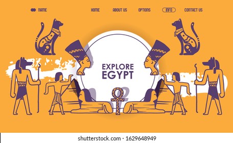 Ancient Egypt tour website design, vector illustration. Landing page template for sightseeing tour or Egyptian history museum. Travel agency online web site, symbols of Egypt, pyramid, sphinx and cat
