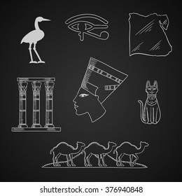 Ancient Egypt travel and art chalk icons with profile of queen Nefertiti, cat goddess and sacred heron Bennu, eye of horus symbol, temple columns and country map, caravan of camels and Giza pyramids