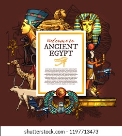 Ancient Egypt travel, history and culture poster, tourist vacation services, architecture landmarks and Pharaoh statues, sphinx and luxor treasures, camel and goat, cat and doberman vector