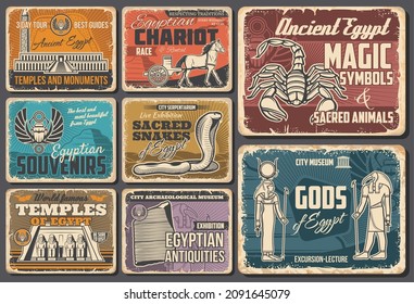 Ancient Egypt travel retro vector posters. Egyptian ancient temples, gods, sacred animals and magic symbols. Egyptology museum, exhibition, world famous monuments. Vintage Egypt landmarks, sightseeing