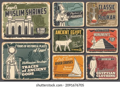 Ancient Egypt travel retro vector posters. Cairo pyramids, Egyptian muslim shrines, Pharaoh mysteries. Egyptology exhibition and museum, god temples and monuments, vintage Egypt landmarks, sightseeing