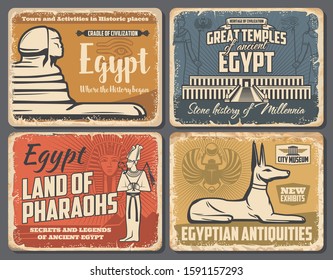 Ancient Egypt travel trips and Cairo landmarks tours retro vintage posters. Vector ancient Egypt pharaoh pyramids, Sphinx and Egyptian god temples sightseeing, antiquity museum and souvenirs shop