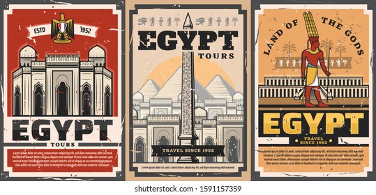 Ancient Egypt travel trips and landmarks sightseeing tours retro vintage posters. Vector ancient Egypt city and culture tourism, Giza pharaoh pyramids and Cairo mosques architecture