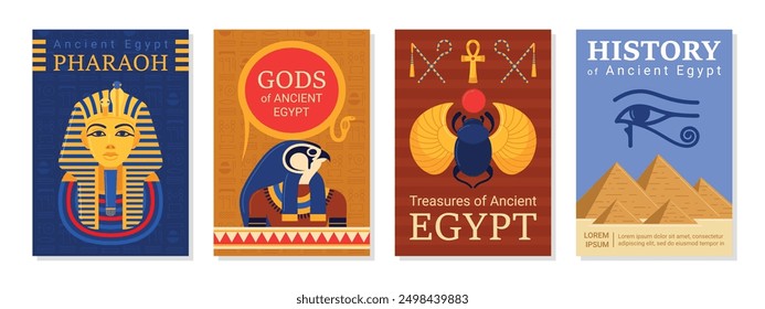 Ancient Egypt treasure Pharaoh god history advertising poster design template set vector flat illustration. Antique mythology statue civilization culture religious art pyramid archaeology banner