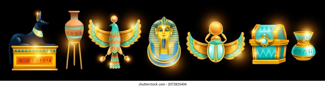 Ancient Egypt treasure symbol set, vector game Egyptian icon kit, gold historical archeology artefacts. Old Anubis statue, jewelry scarab bug, pharaoh face mask, chest, vase. Egypt civilization object