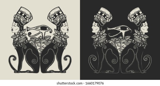 Ancient Egypt. Two black woman cats and sacred eye of god Horus. Queen Nefertiti. Princess Cleopatra. Template for clothes, covers, emblems, stickers, poster and t-shirt design. Typography art