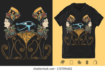 Antiguo Egipto. Dos gatos de mujer negra y ojo sagrado del dios Horus. Reina Nefertiti. Princesa Cleopatra. Impresión creativa para ropa oscura. Diseño de camisetas. Plantilla para carteles, textiles, prendas de vestir