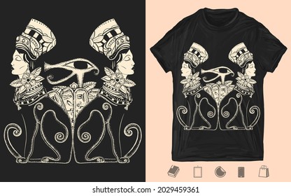 Antiguo Egipto. Dos gatos de mujer negra y ojo sagrado del dios Horus. Reina Nefertiti. Princesa Cleopatra. Diseño de camisetas. Impresión creativa para la ropa. Plantilla para carteles, textiles, prendas de vestir